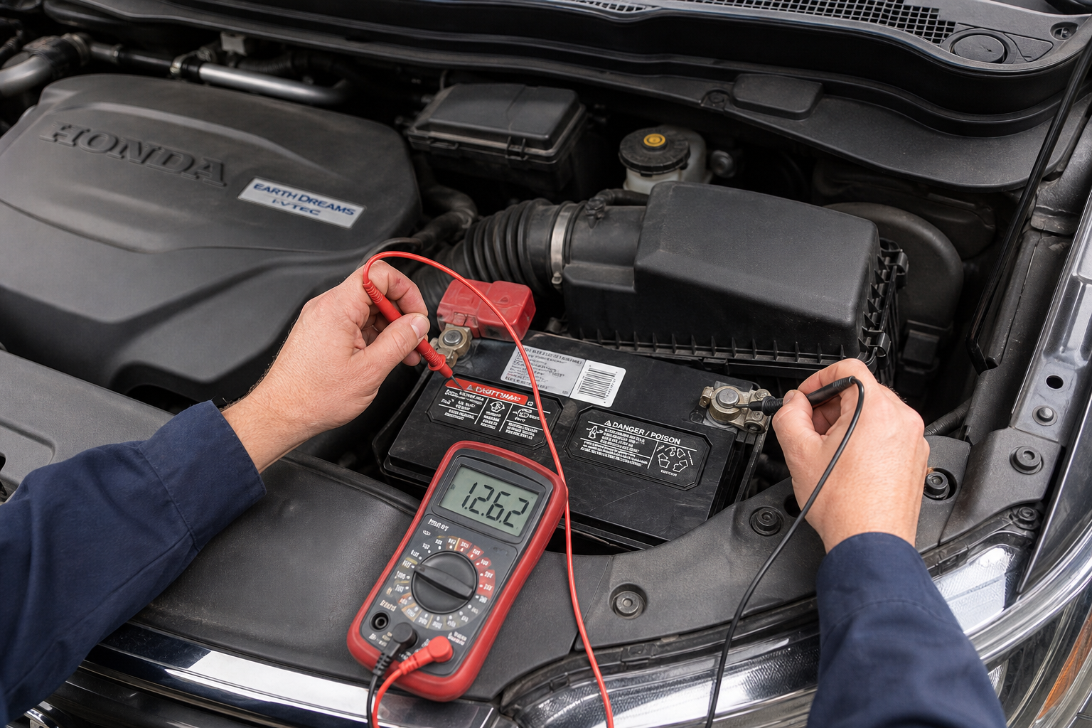 Mechanic testing car battery voltage with a multimeter under the hood of a Honda Pilot