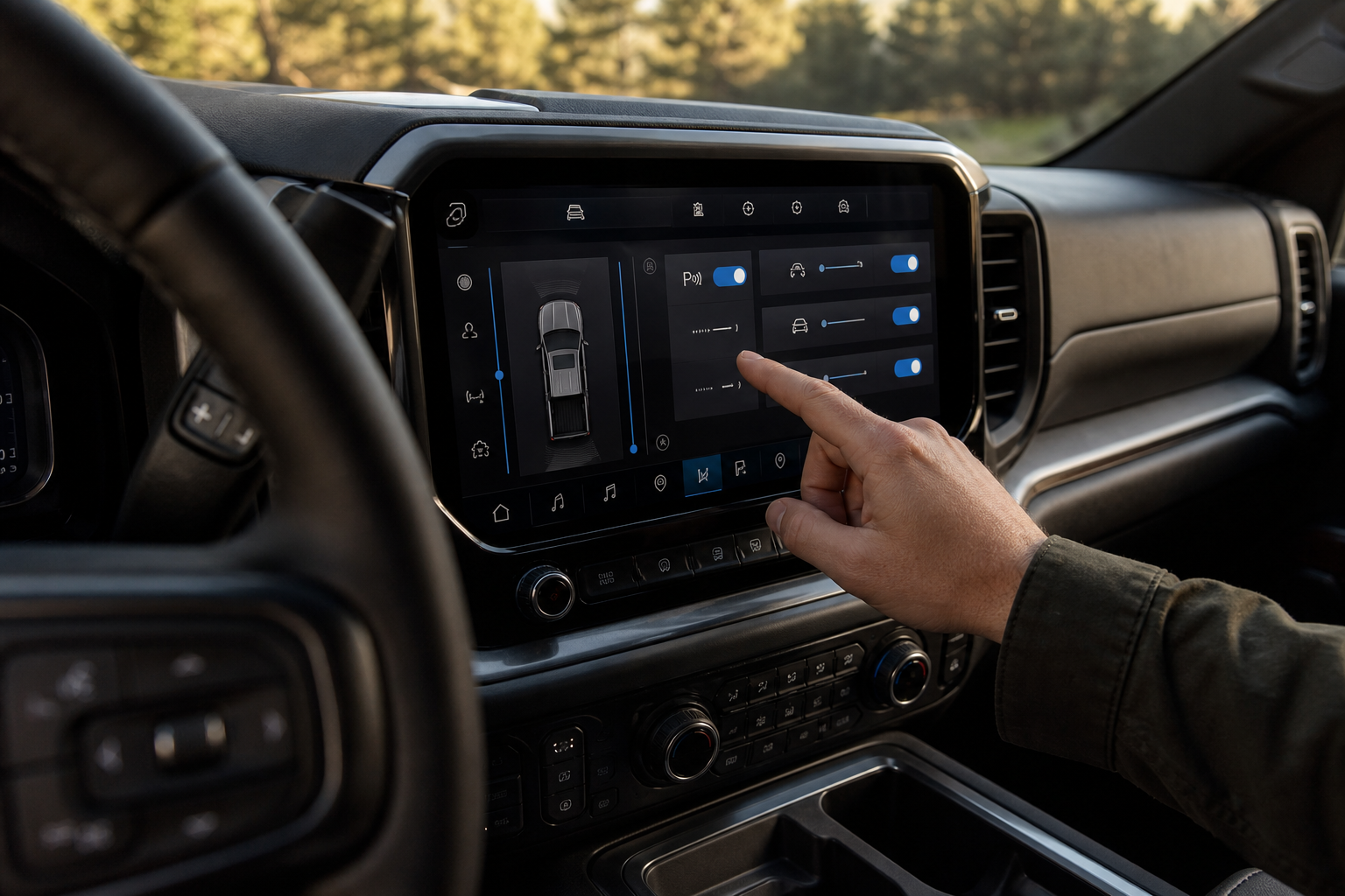 Driver adjusting parking sensor settings on a Silverado touchscreen display