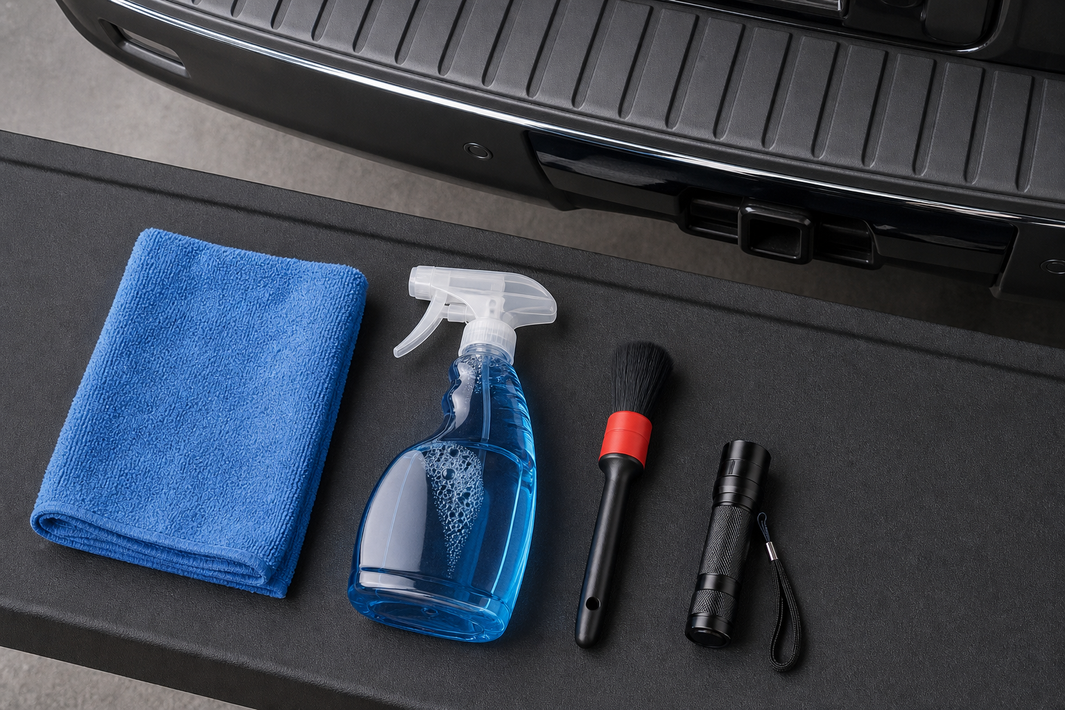 Basic tools laid out for cleaning and inspecting a truck's blind spot sensor