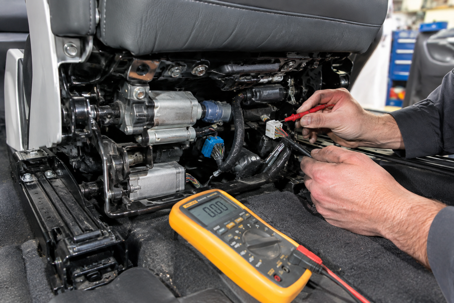 Mechanic diagnosing memory seat wiring and motor issues under car seat