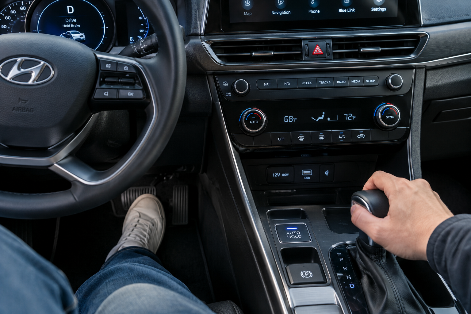 Driver's hand near the Auto Hold button with foot on the brake pedal inside a Hyundai Tucson