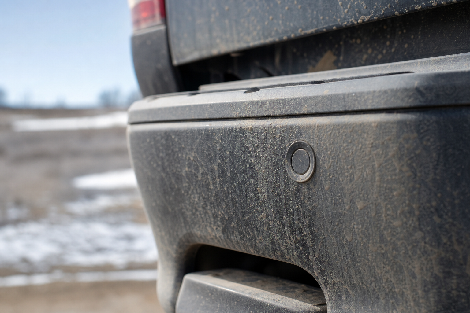 Close-up of a dirty rear parking sensor on a Chevy Silverado bumper