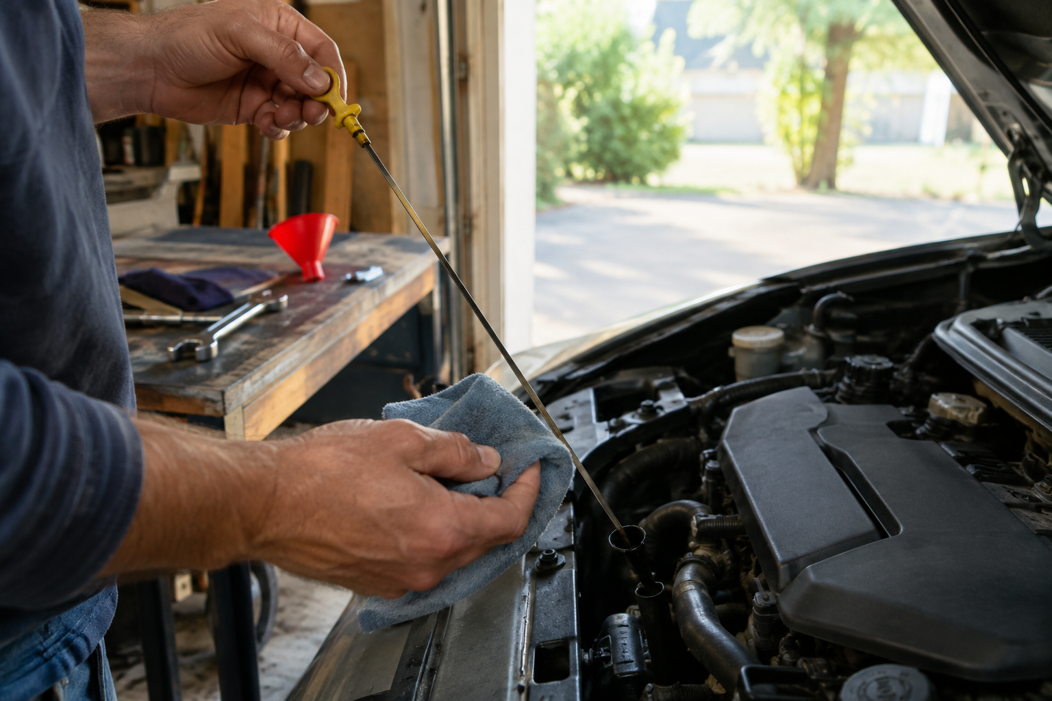 Person checking engine oil as part of DIY car maintenance
