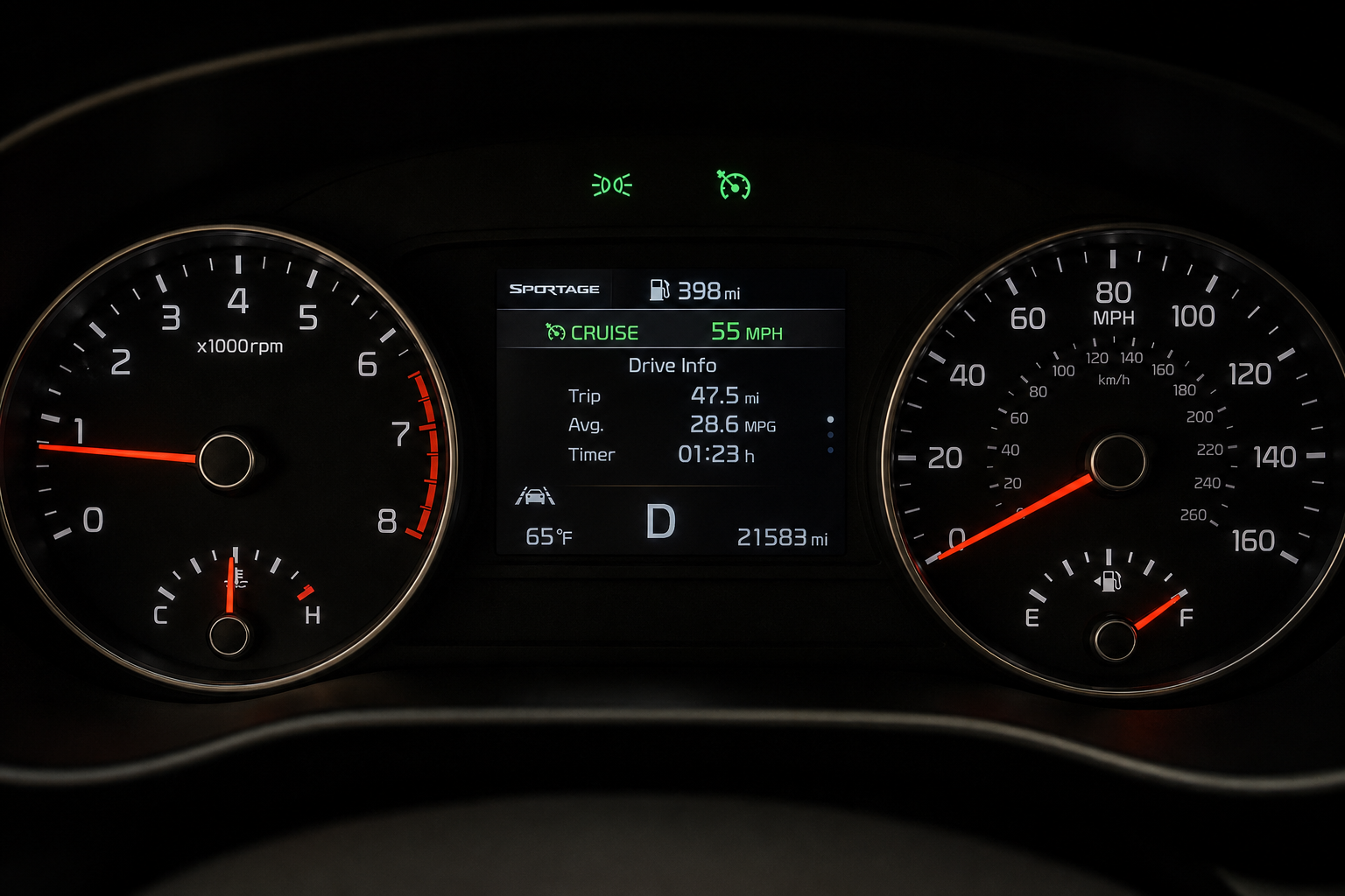 Kia Sportage dashboard display showing cruise control mode indicator icons