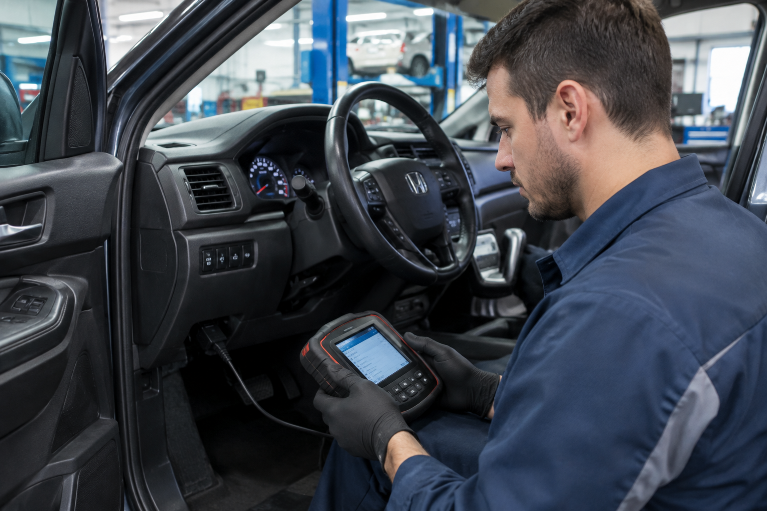 Mechanic using a diagnostic scanner to troubleshoot a Honda Pilot's parking brake system