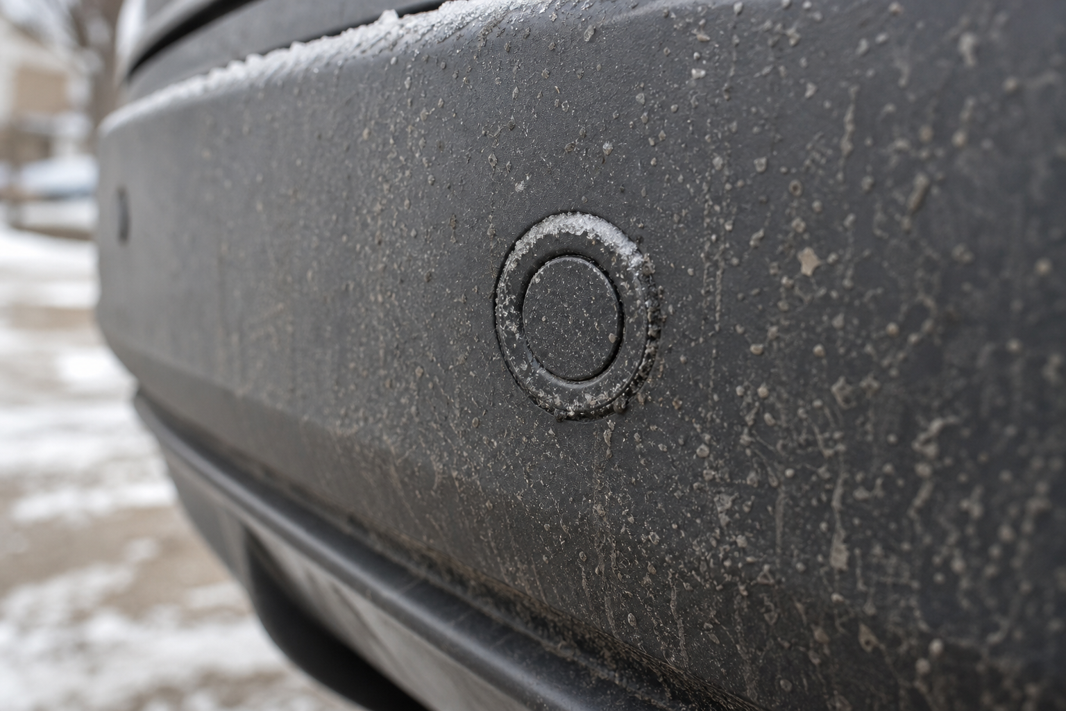 Close-up of a dirty, ice-covered parking sensor on a Ford Explorer bumper