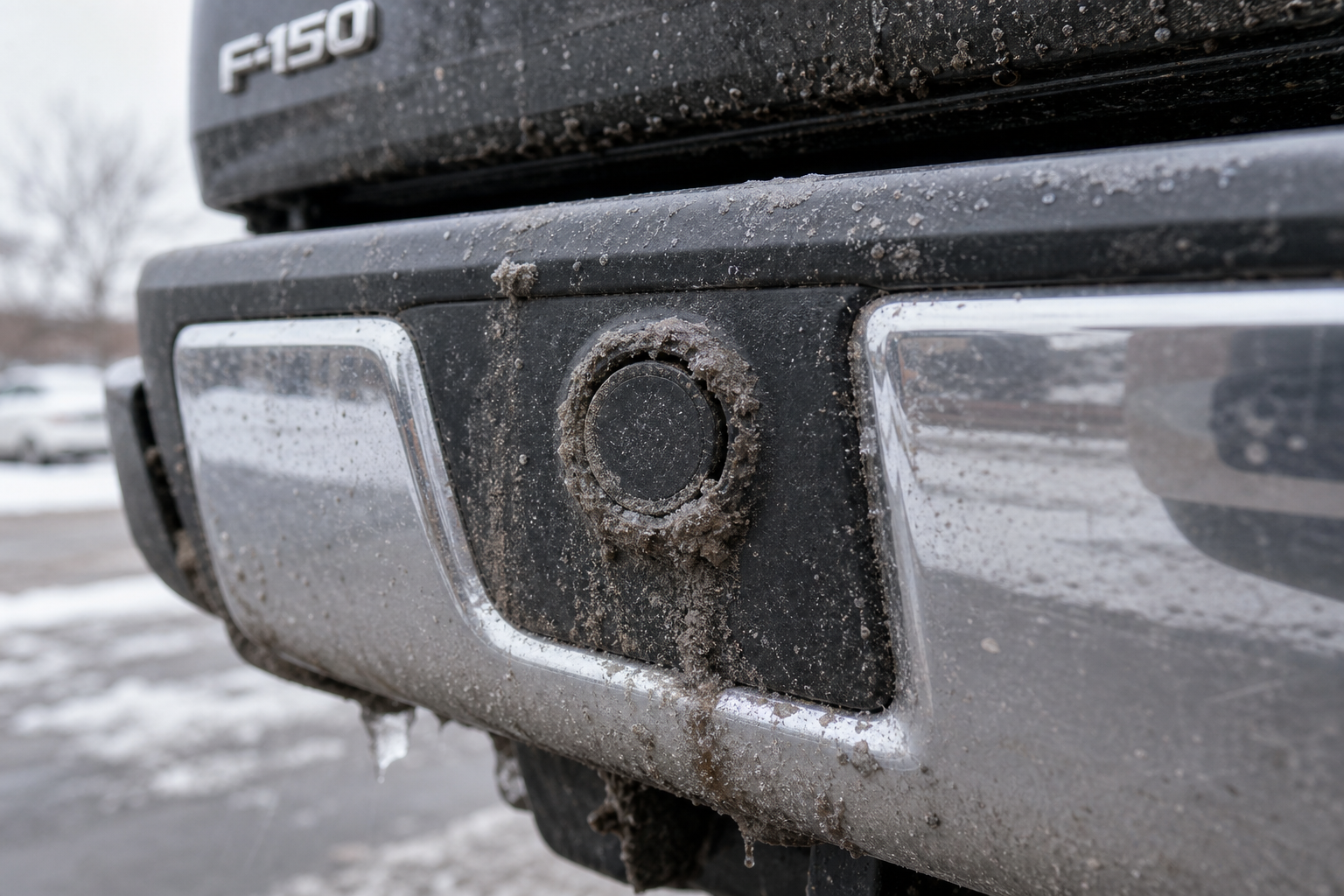 Close-up of a dirty, mud-caked parking sensor on a Ford F-150 bumper