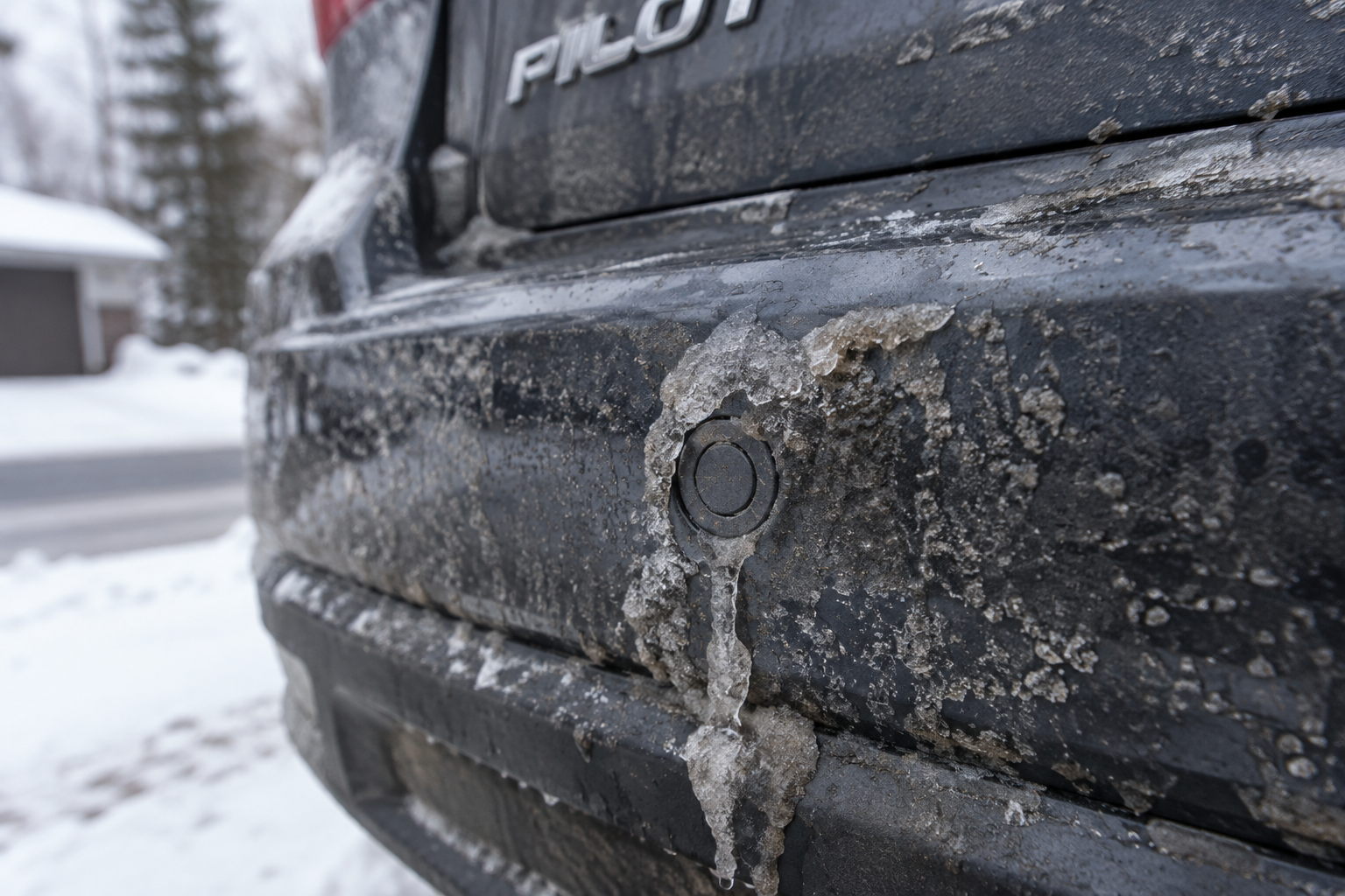 Close-up of a dirty, ice-covered parking sensor on a Honda Pilot bumper