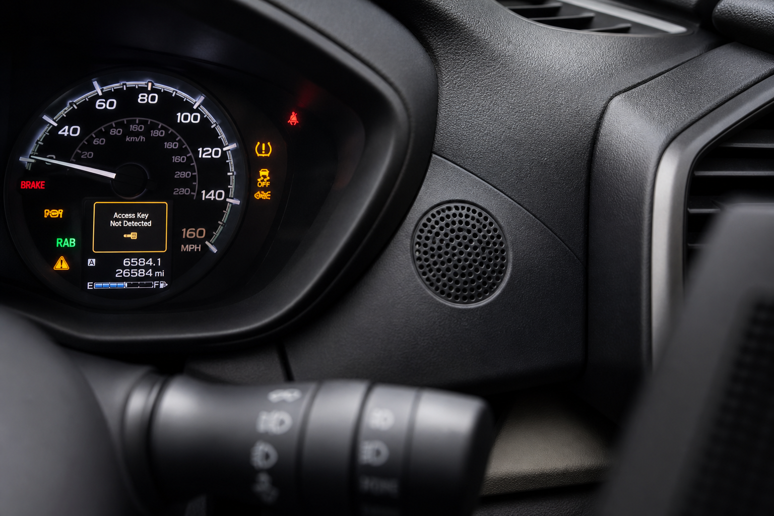 Close-up of Subaru Forester dashboard indicators and speaker near steering column