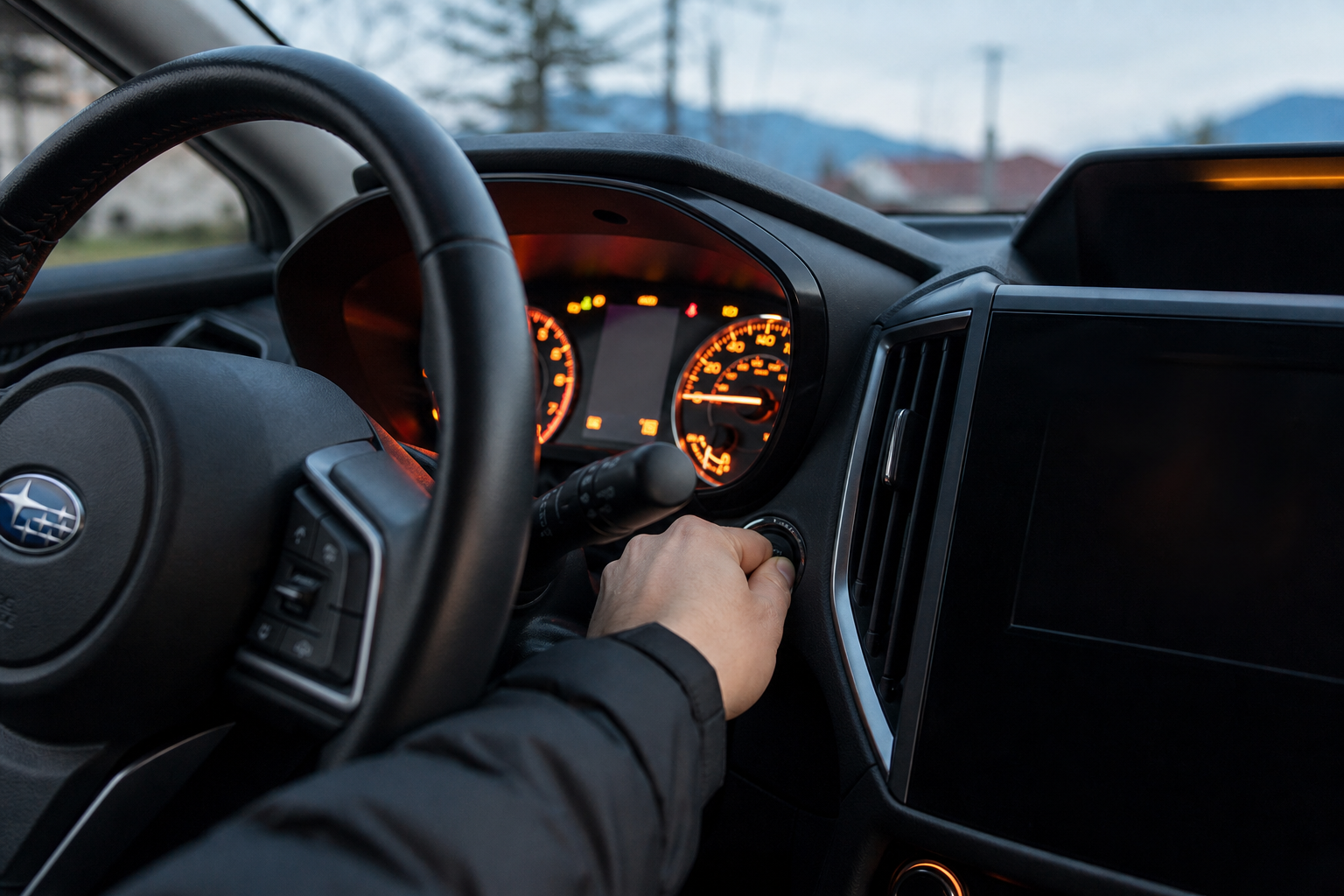 Hand starting the ignition in a Subaru Crosstrek with dashboard lights glowing
