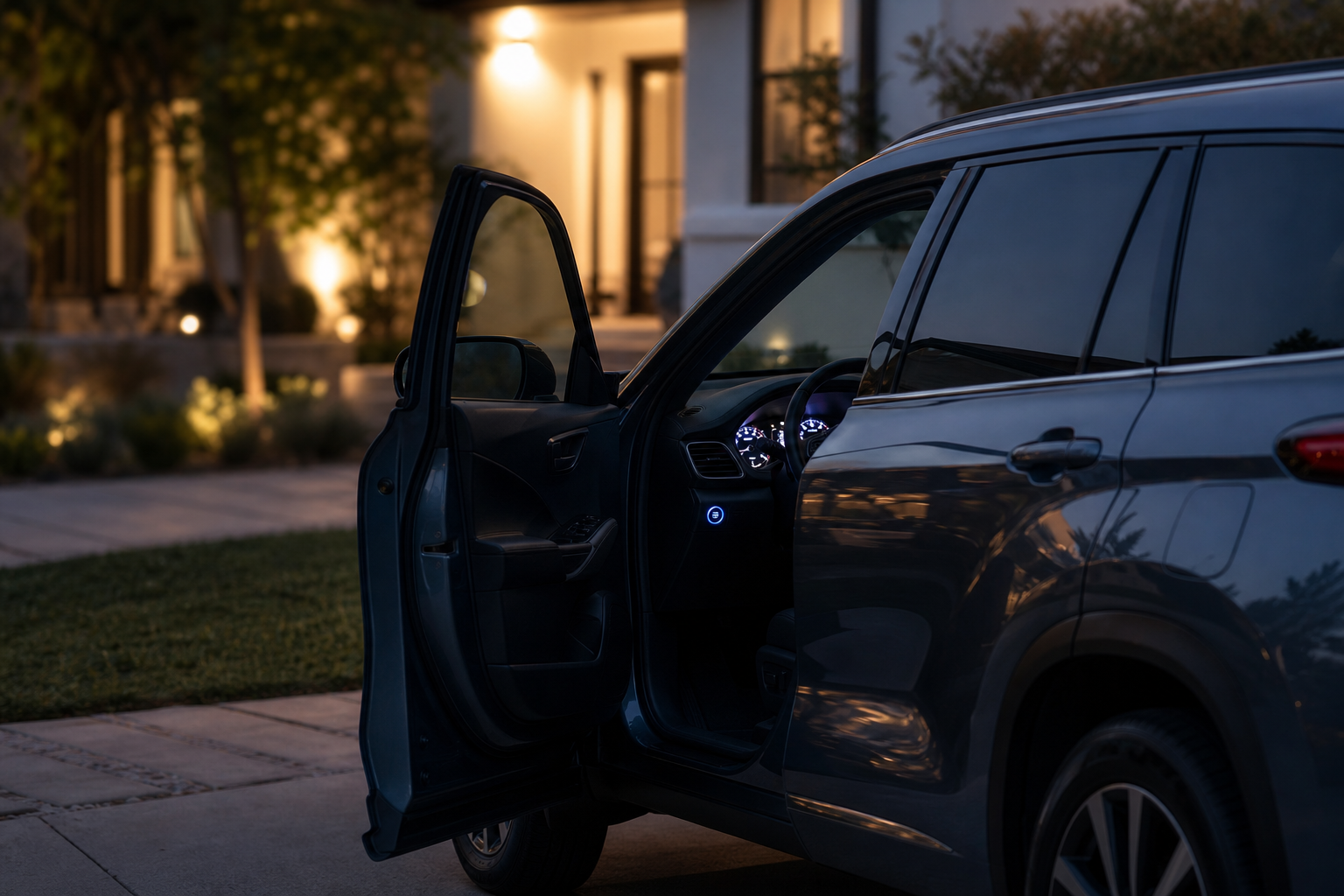 Toyota Highlander being restarted with dashboard lights visible at dusk