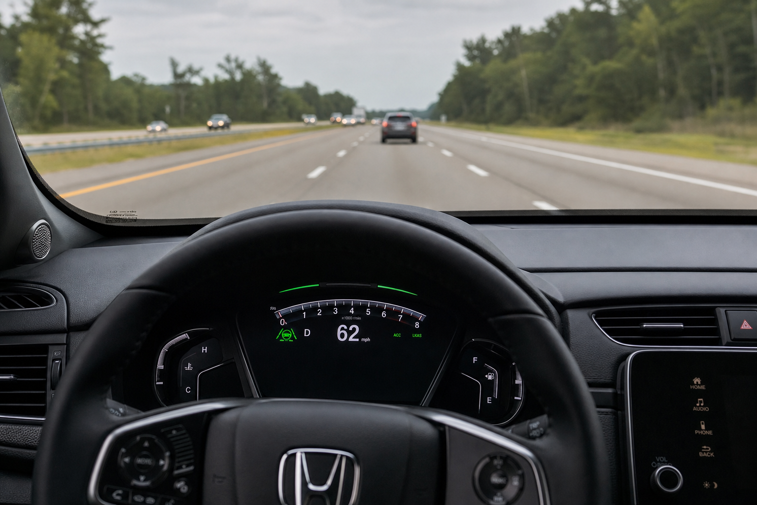 Dashboard indicator light visible while driving a Honda CR-V on the highway