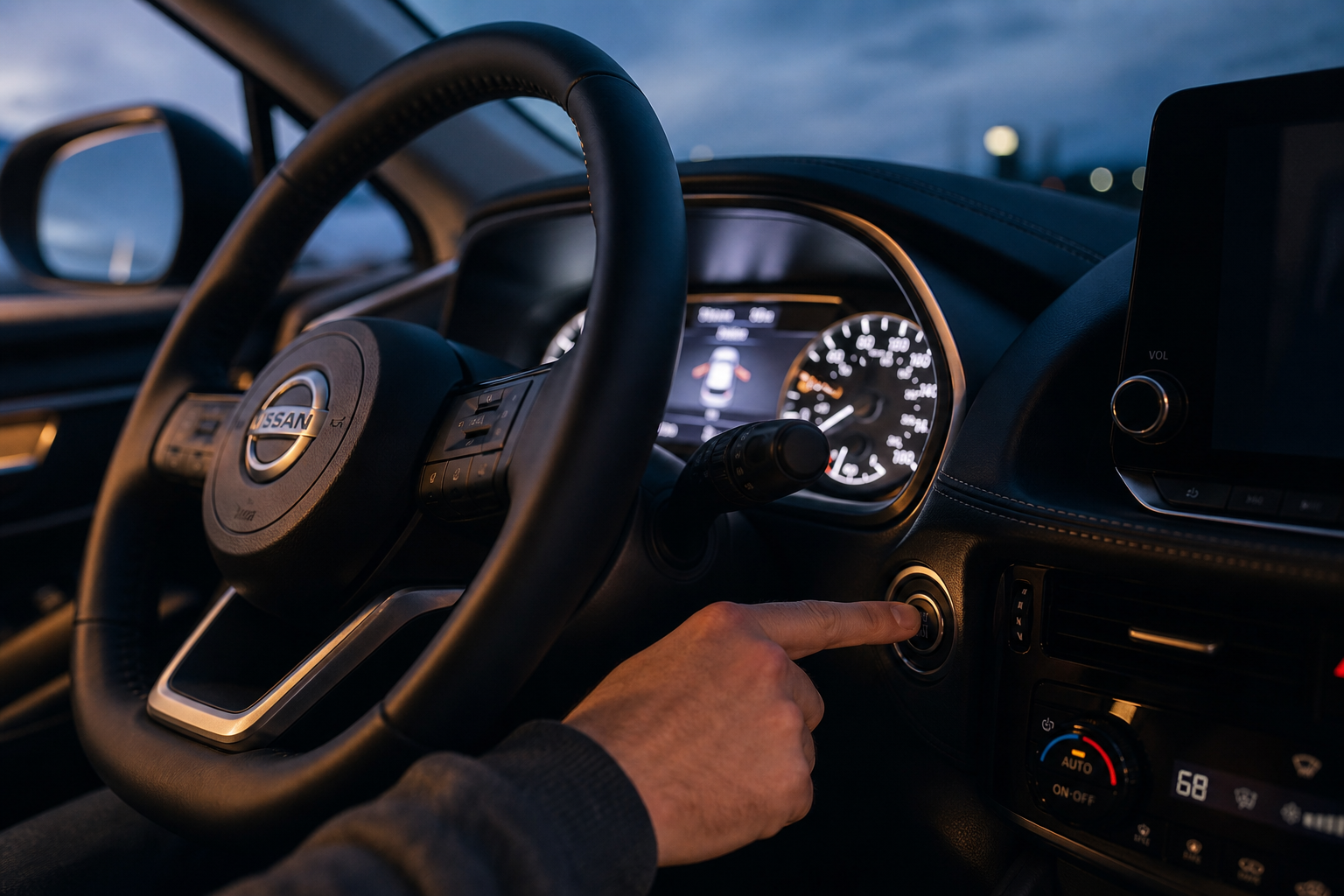 Hand pressing the car's ignition start button with dashboard lighting up