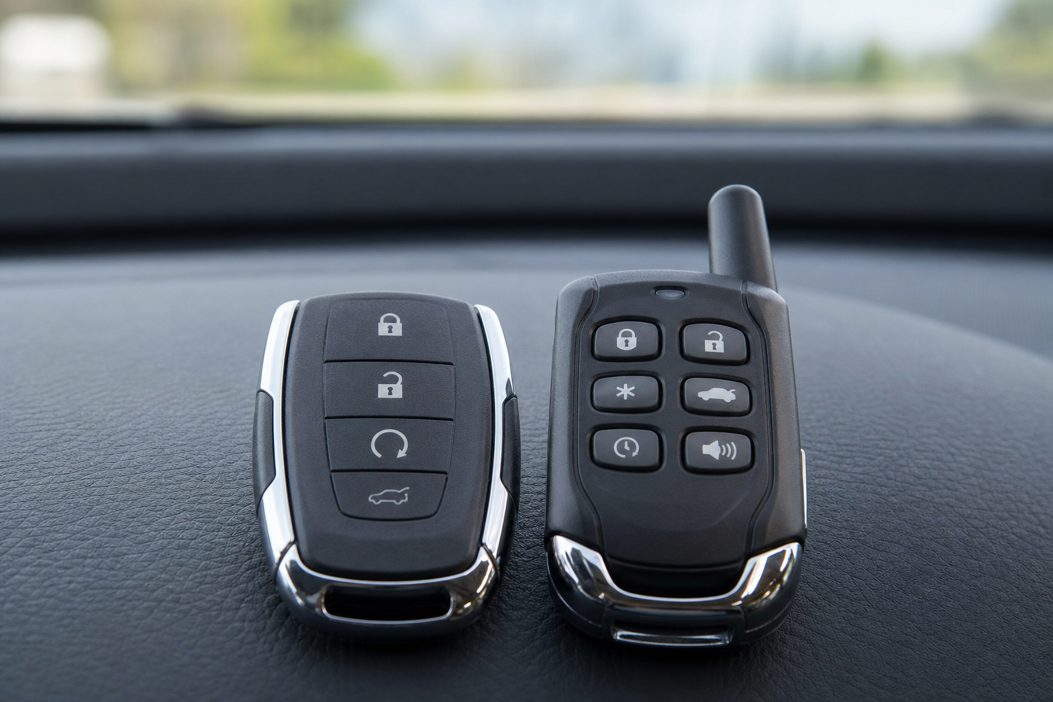 Comparison of a factory Chevy Tahoe key fob and an aftermarket remote start system