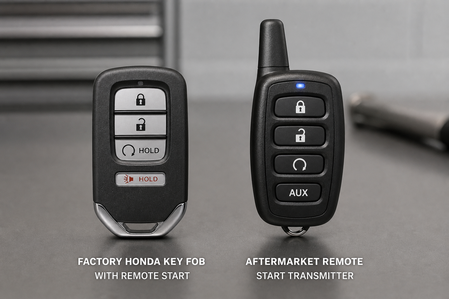 Comparison of a factory Honda key fob and an aftermarket remote start transmitter