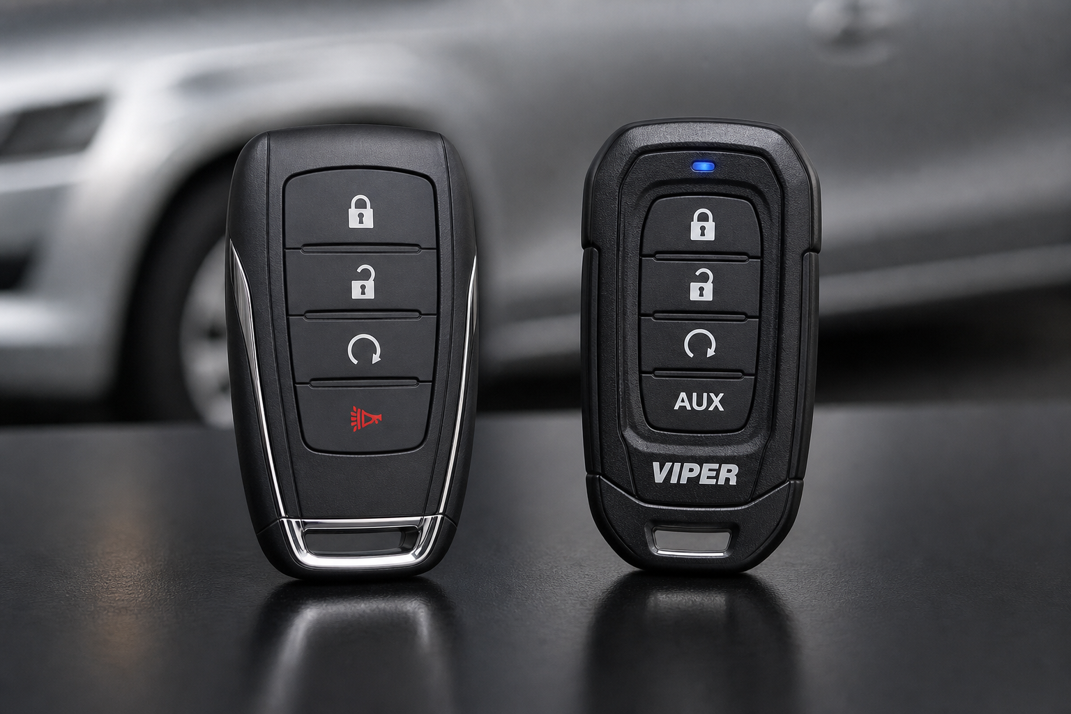 Comparison of a factory key fob and an aftermarket remote start fob side by side