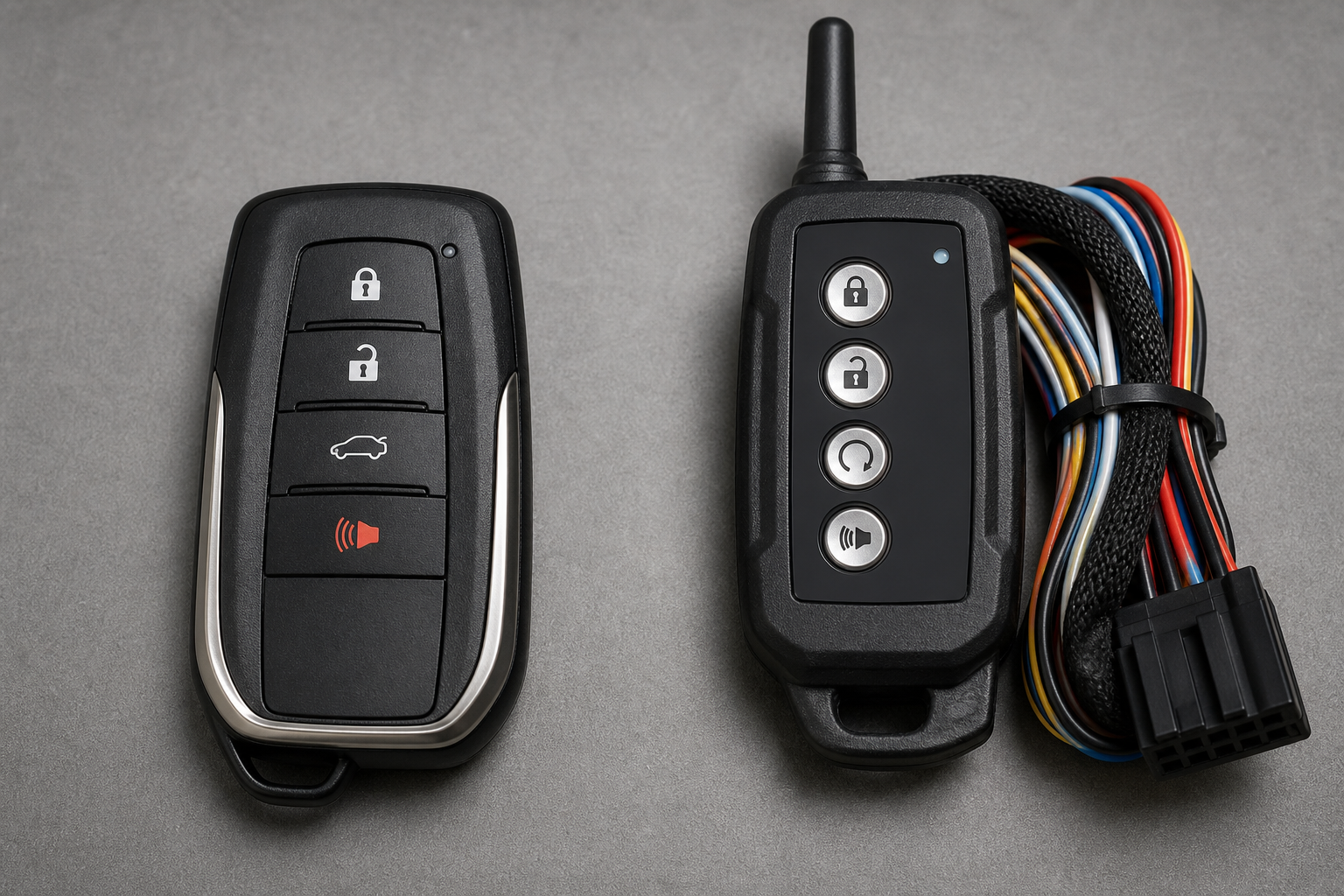 Comparison of a factory Toyota key fob and an aftermarket remote start module