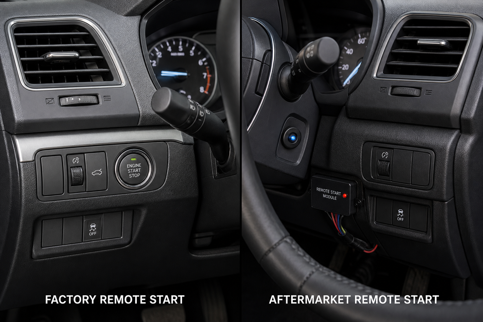 Comparison of factory-installed versus aftermarket remote start systems in a car dashboard