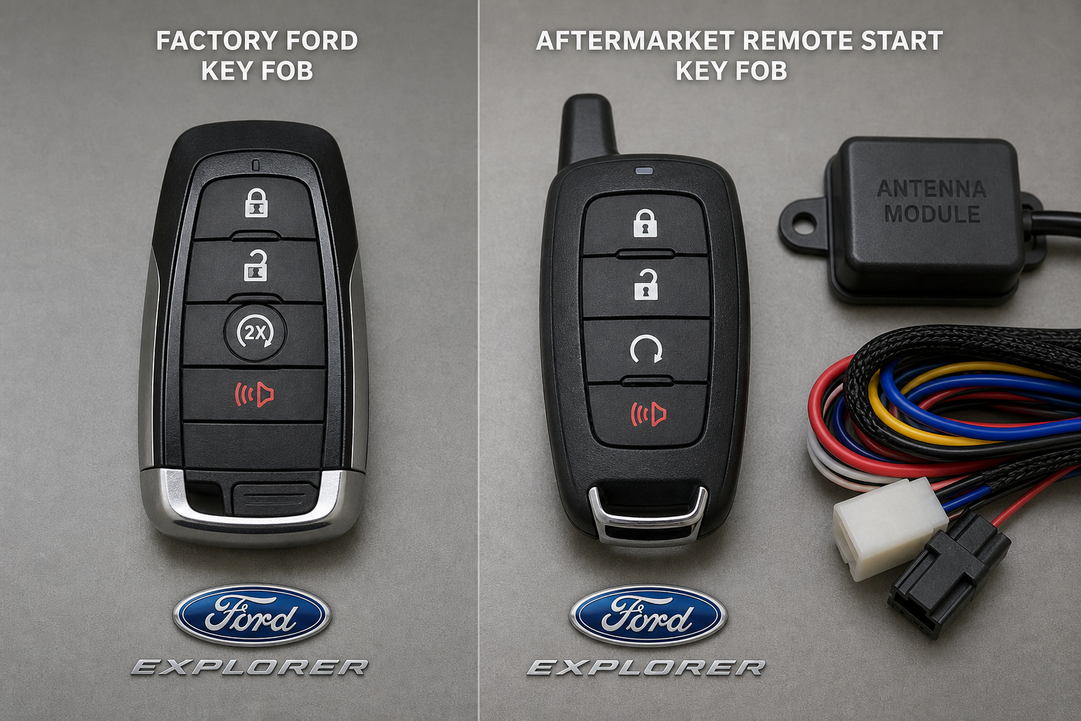 Comparison of factory Ford key fob and aftermarket remote start system components