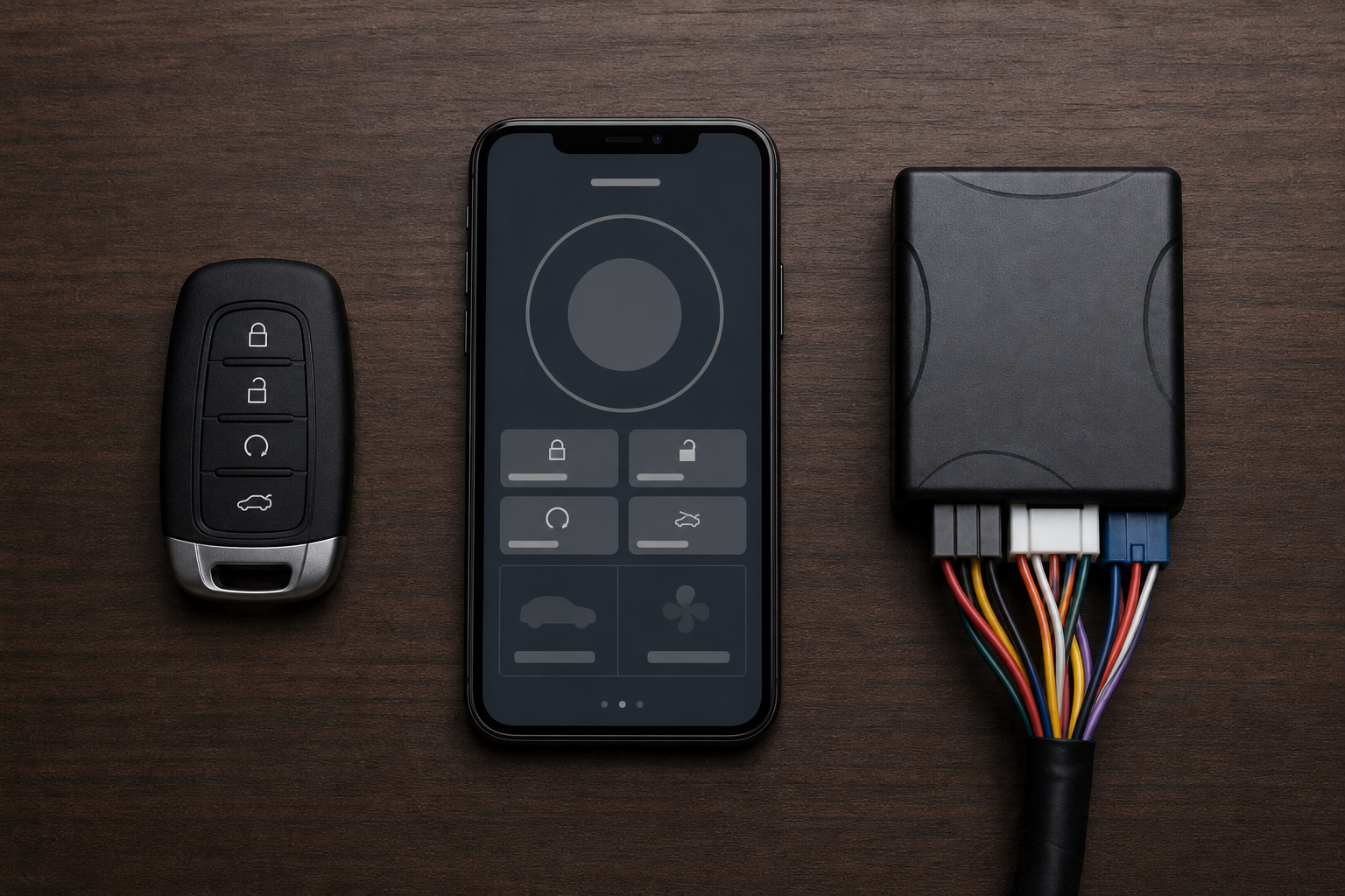 Comparison of factory key fob, smartphone app, and aftermarket remote start module