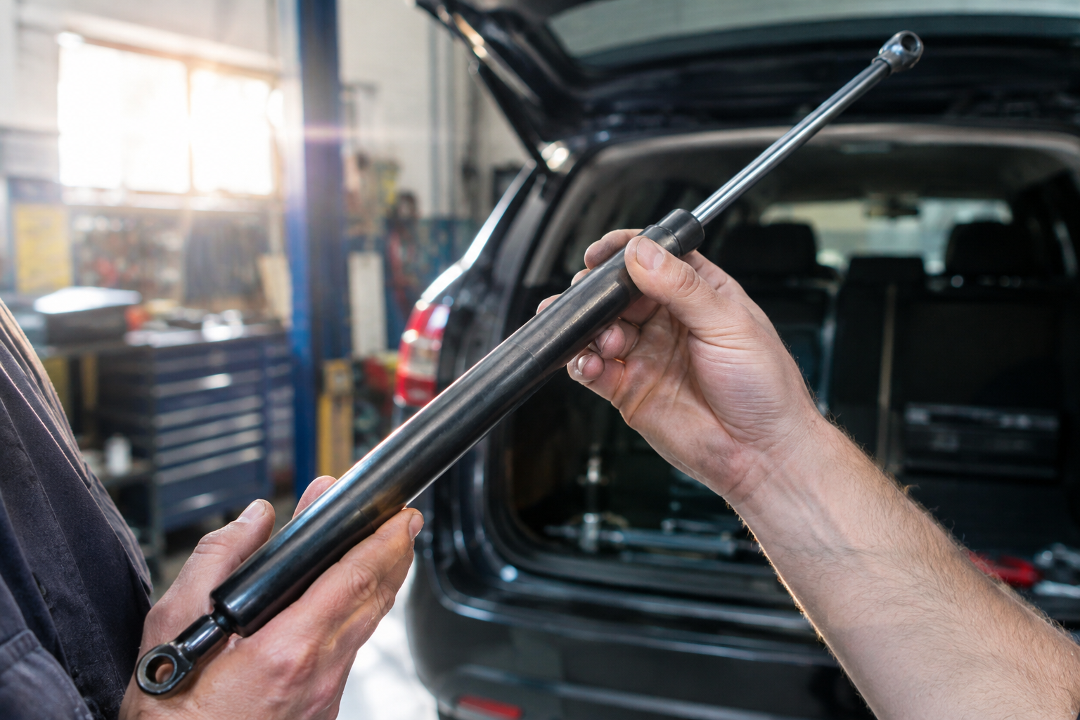 Mechanic inspecting a worn liftgate strut for leaks and wear