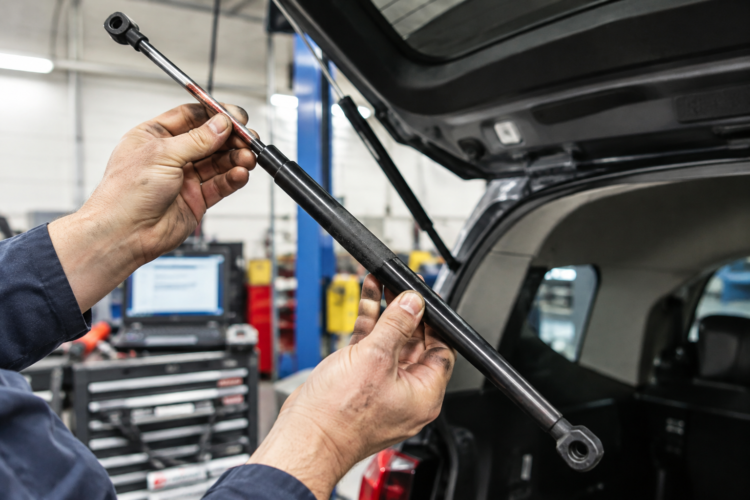 Mechanic inspecting a worn liftgate strut removed from an SUV