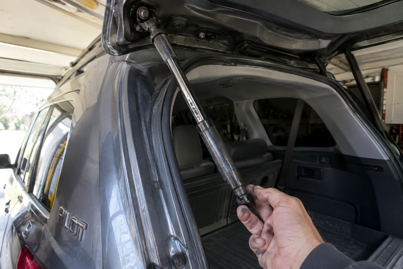 Close-up of a worn hydraulic liftgate strut on a Honda Pilot's open rear hatch