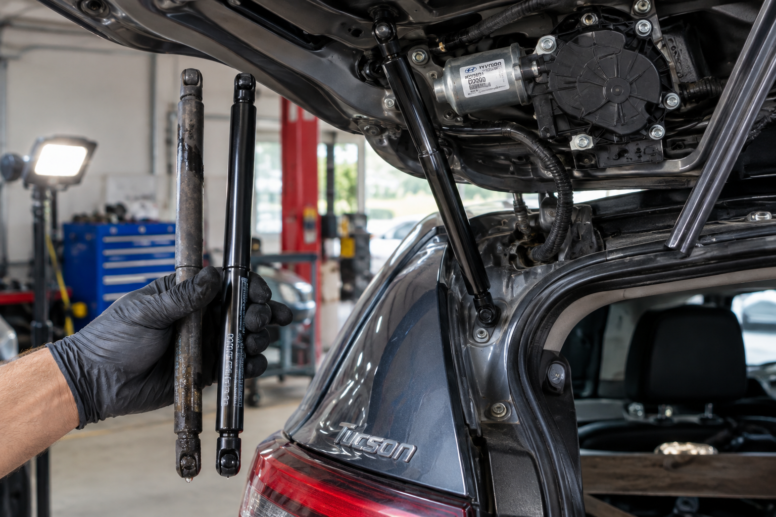 Close-up of worn liftgate struts and motor components on a Hyundai Tucson