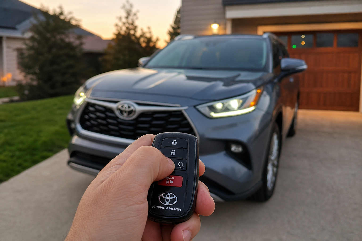 Hand pressing remote start button on a Toyota Highlander key fob outside the vehicle