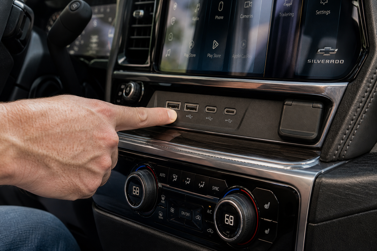 Close-up of USB ports in a Chevy Silverado 1500 center console
