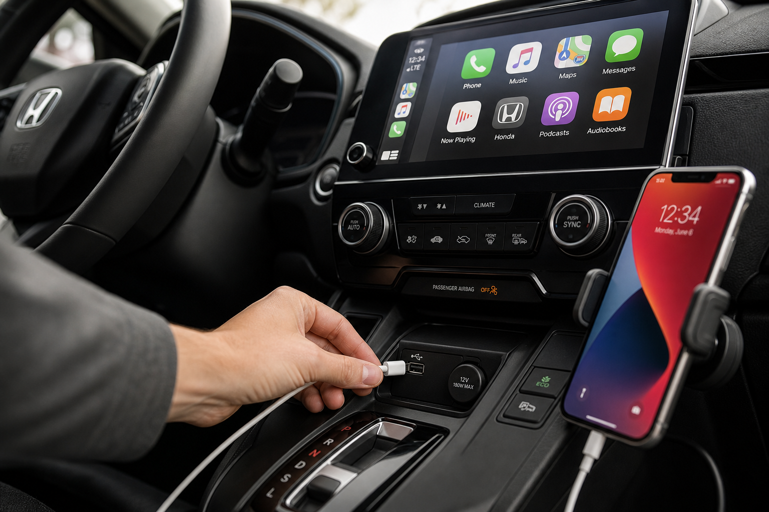 Hand connecting a USB cable to fix wired Apple CarPlay disconnects in a Honda CR-V