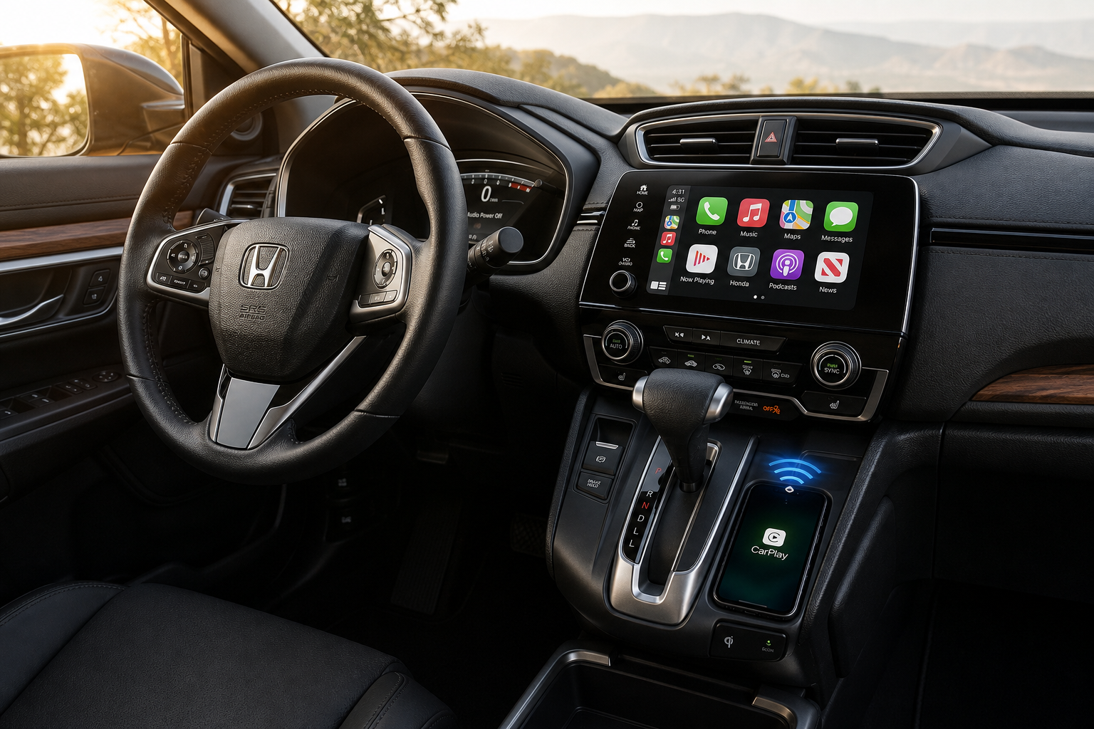 Smartphone connecting wirelessly to Honda CR-V infotainment system for CarPlay