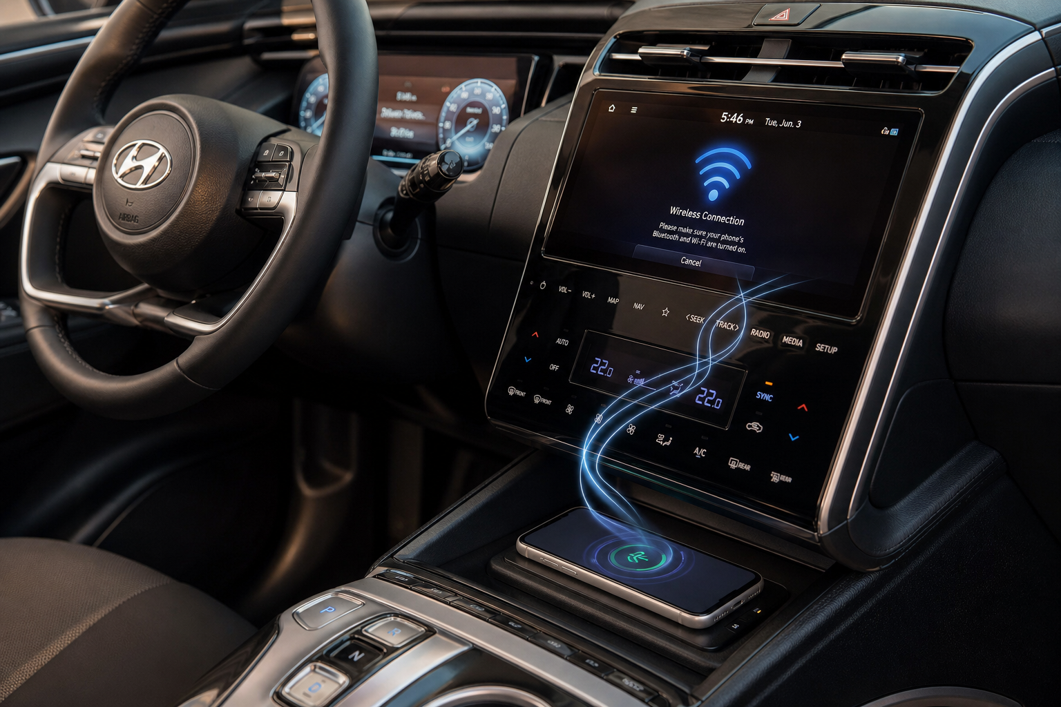 Smartphone wirelessly connecting to Hyundai Tucson infotainment screen showing signal icons