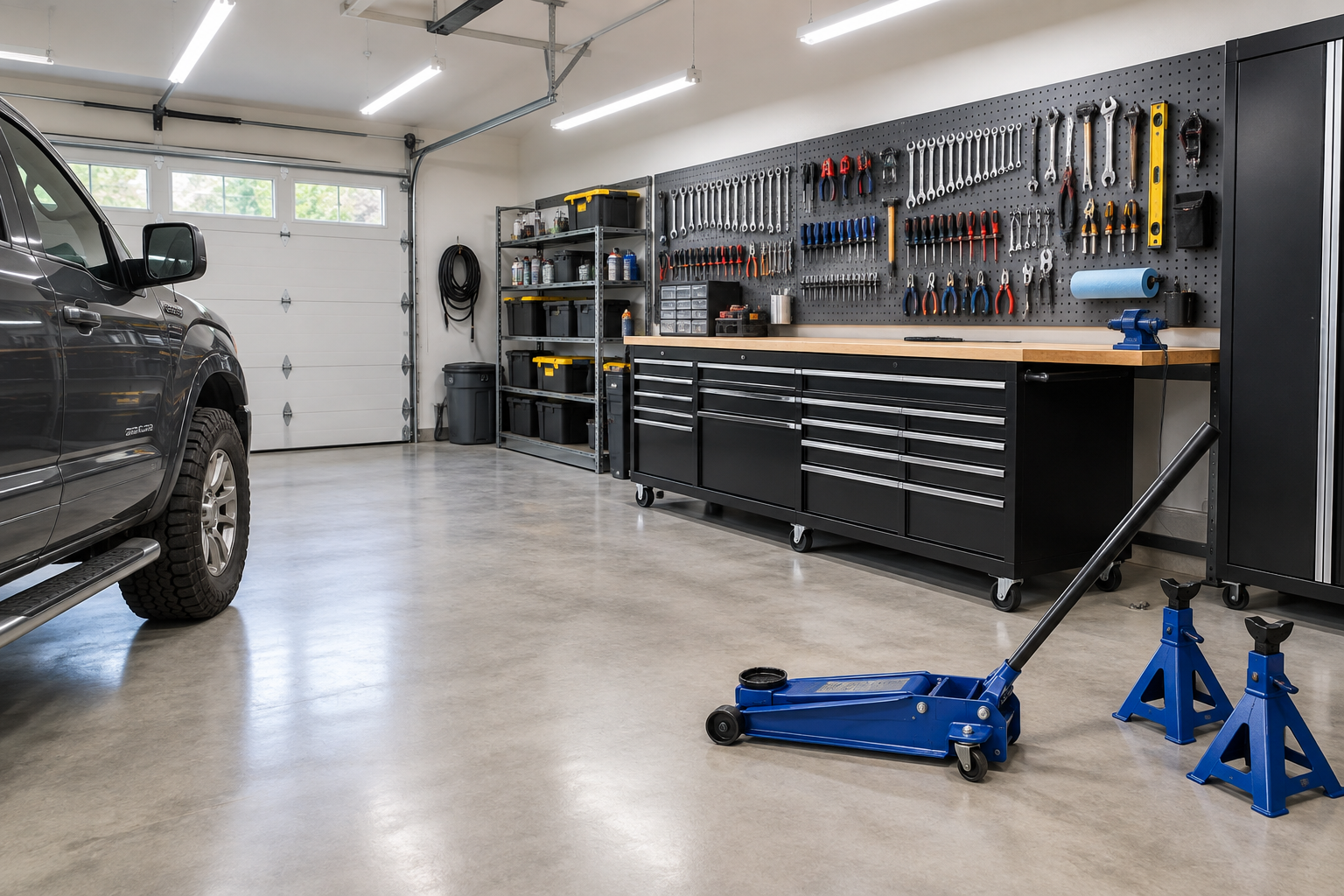 Organized home garage setup with tools and equipment for truck maintenance