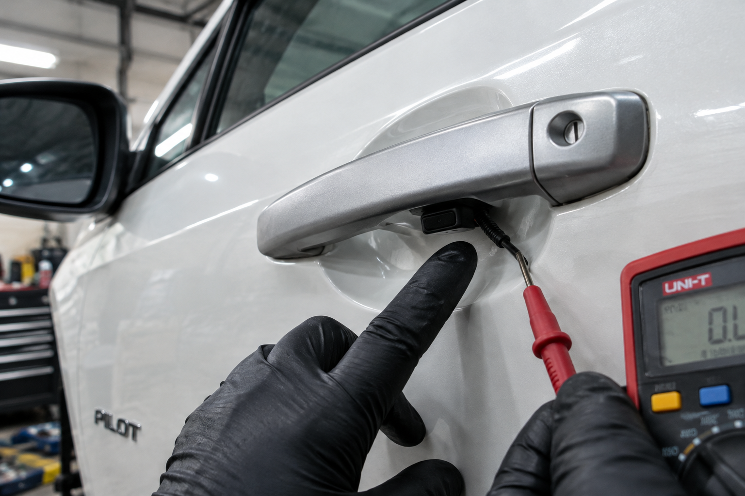 Mechanic inspecting the door handle sensor on a Honda Pilot for keyless entry failure