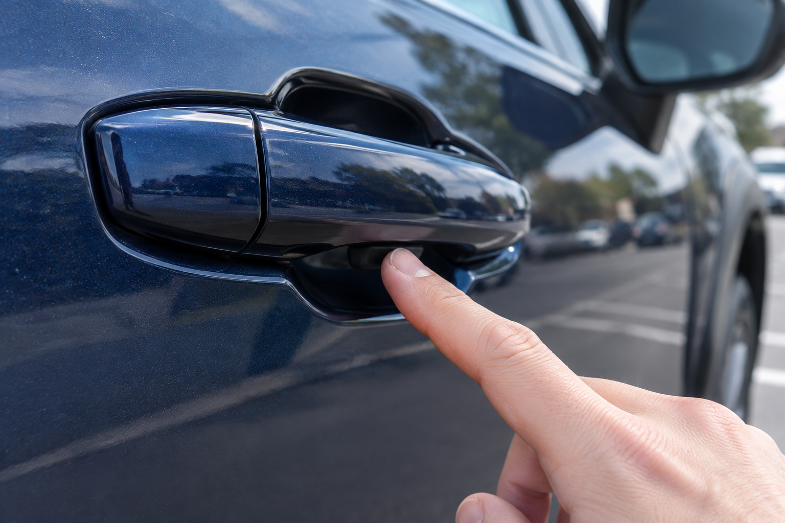 Close-up of a Subaru Outback door handle showing the touch sensor for keyless entry