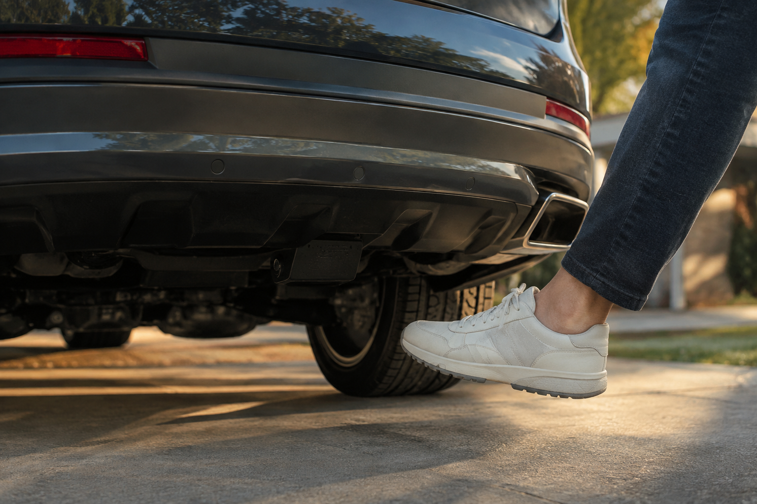 Person using foot gesture under the rear bumper to activate the Kia Telluride's hands-free liftgate sensor