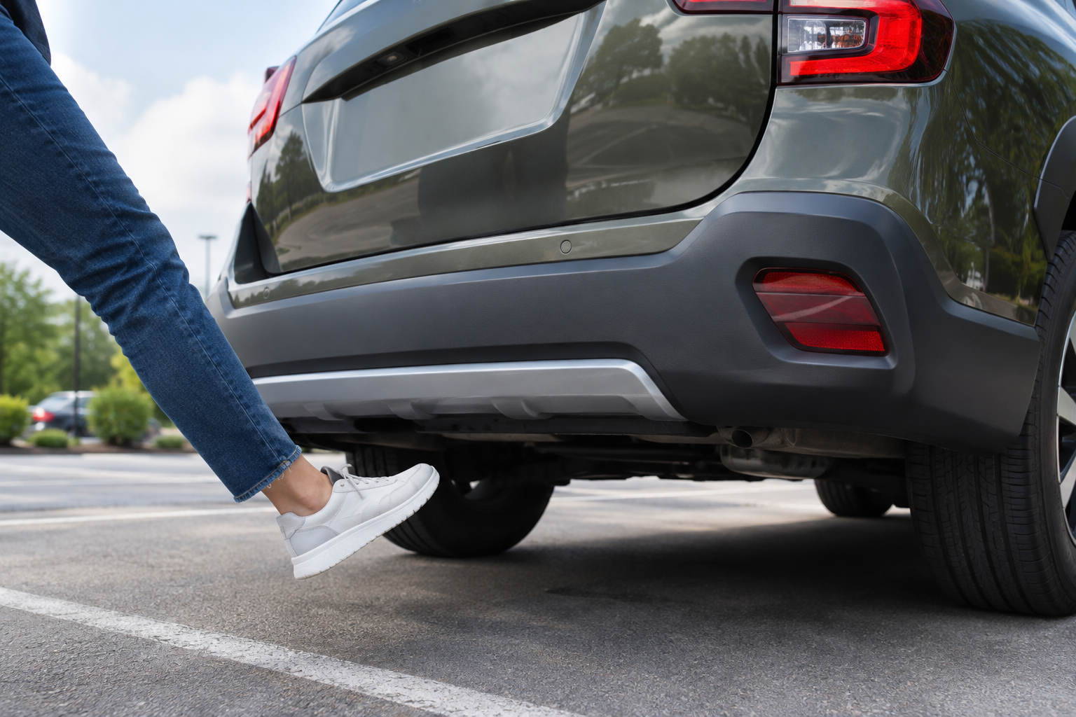 Foot kicking motion under Subaru Outback bumper to trigger hands-free liftgate sensor