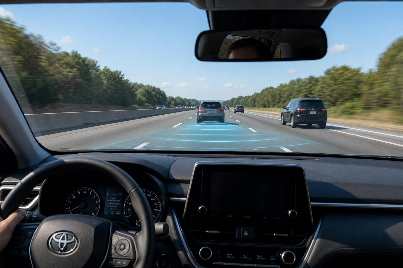 Illustration of radar cruise control sensing a vehicle ahead on the highway from inside a Toyota Highlander