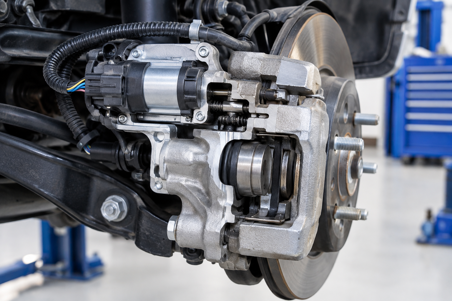 Close-up of a Toyota RAV4 electronic parking brake caliper and actuator motor on a rear wheel assembly