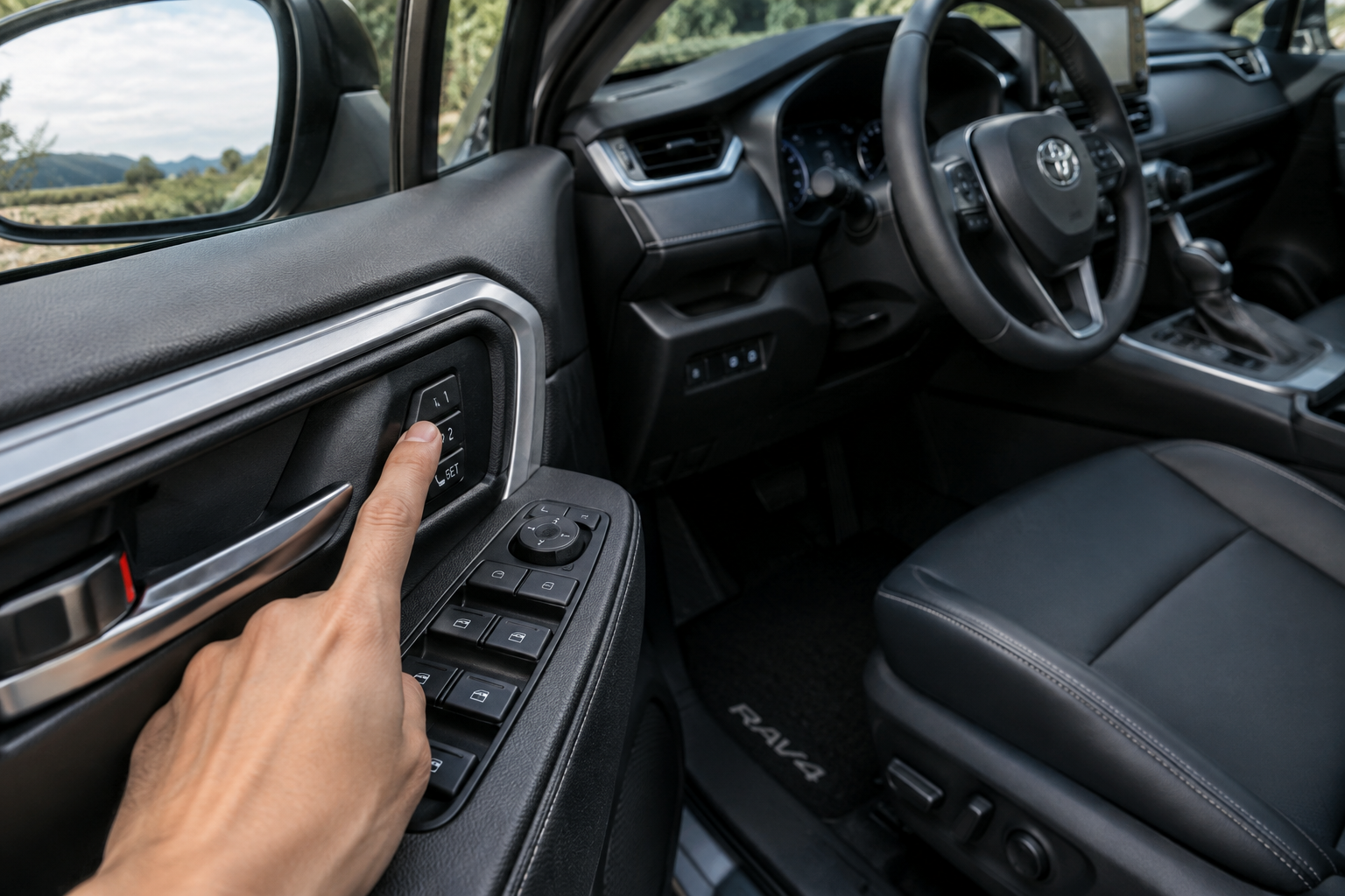Hand pressing the memory seat button on a Toyota RAV4 door panel