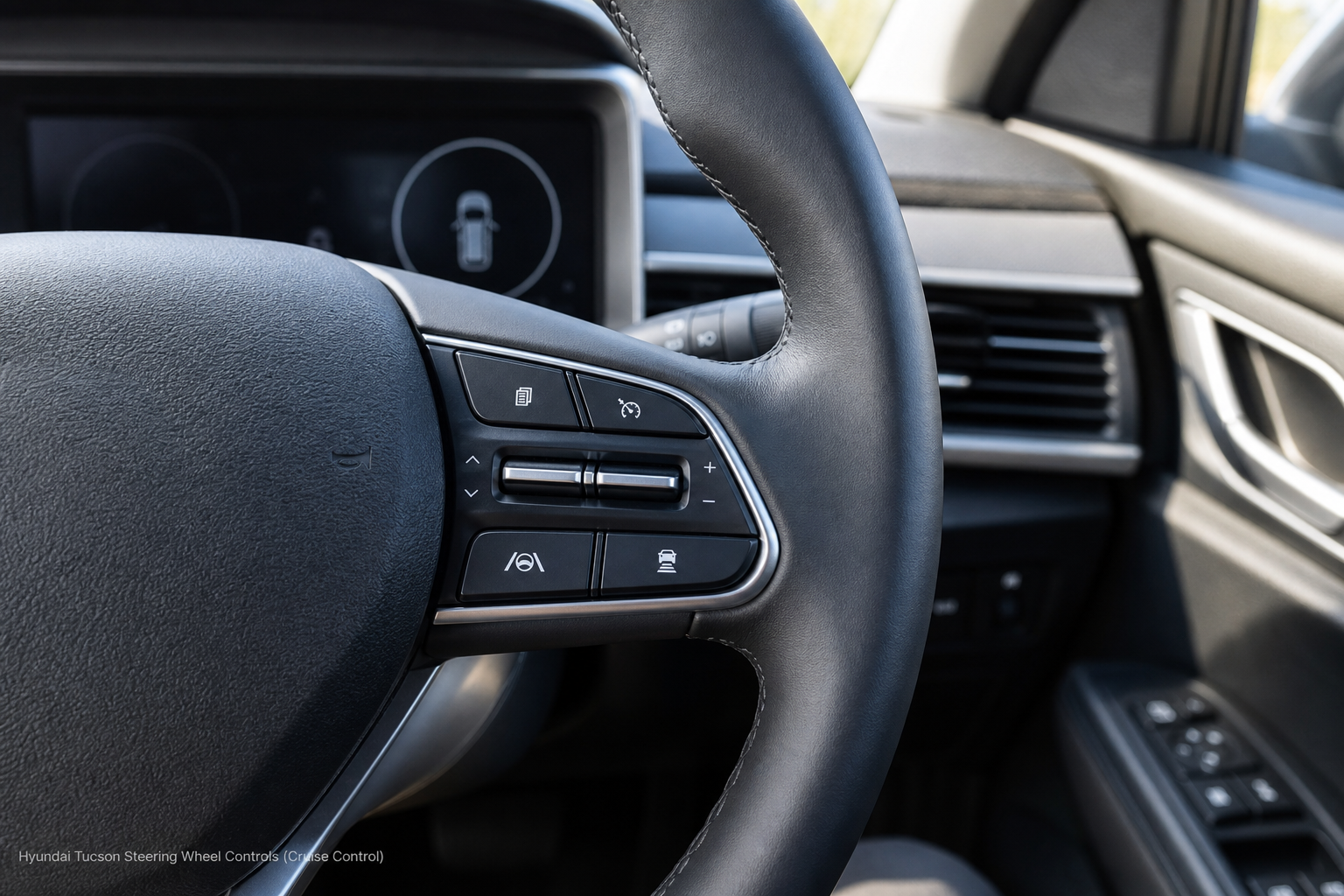 Close-up of Hyundai Tucson steering wheel controls for activating regular cruise control