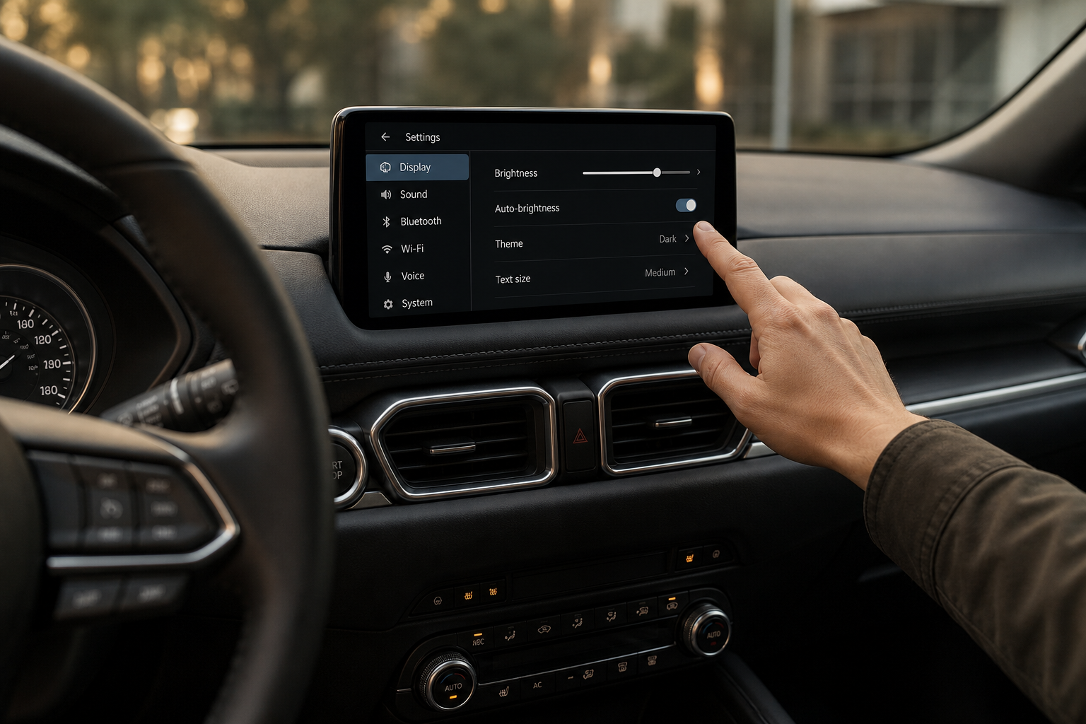 Driver adjusting vehicle settings on Mazda CX-5 infotainment touchscreen