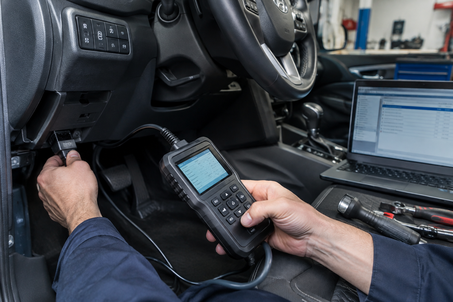 Mechanic using a diagnostic tool to troubleshoot Auto Hold issues in a Hyundai Tucson