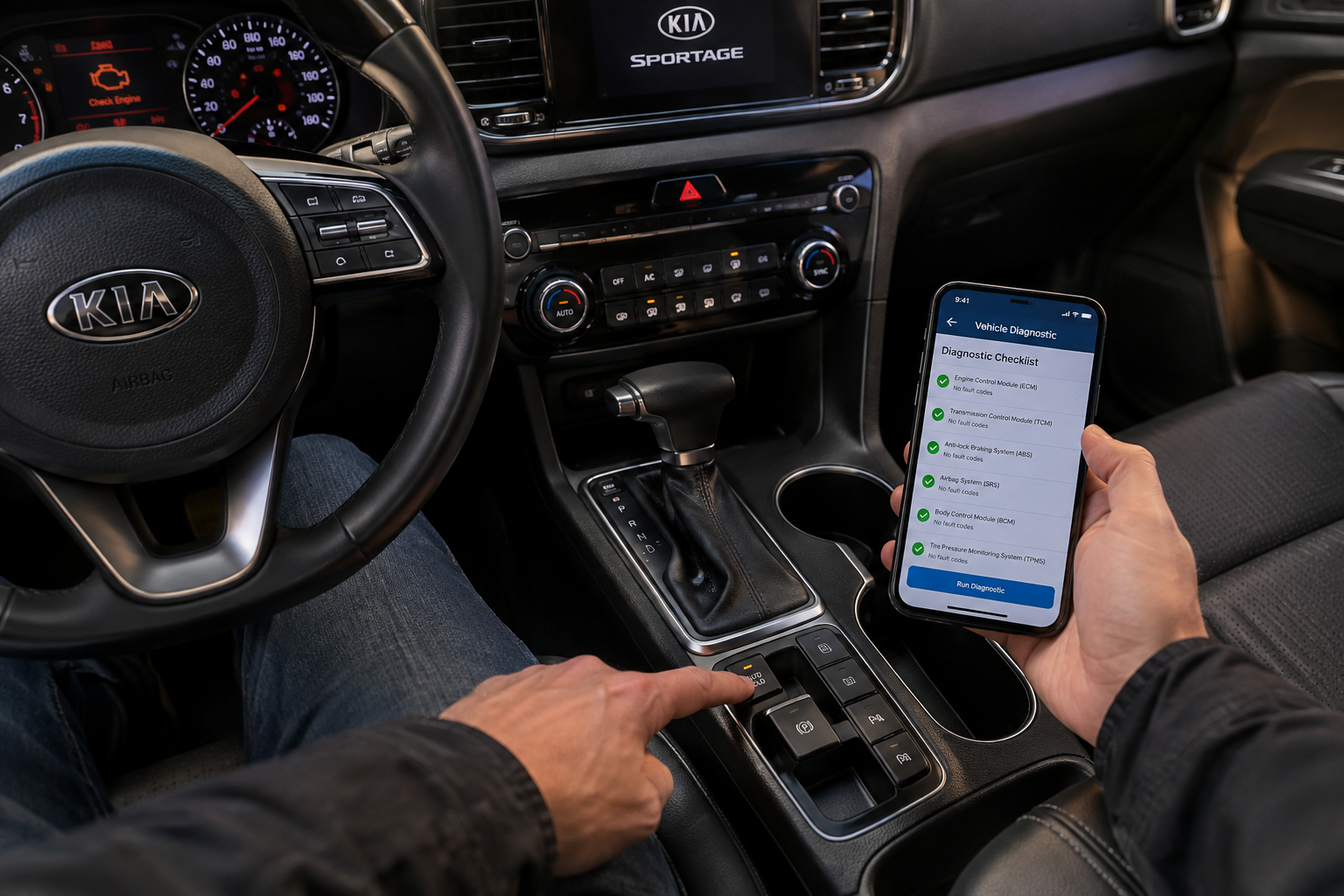 Person diagnosing Kia Sportage Auto Hold issue using console controls and smartphone checklist