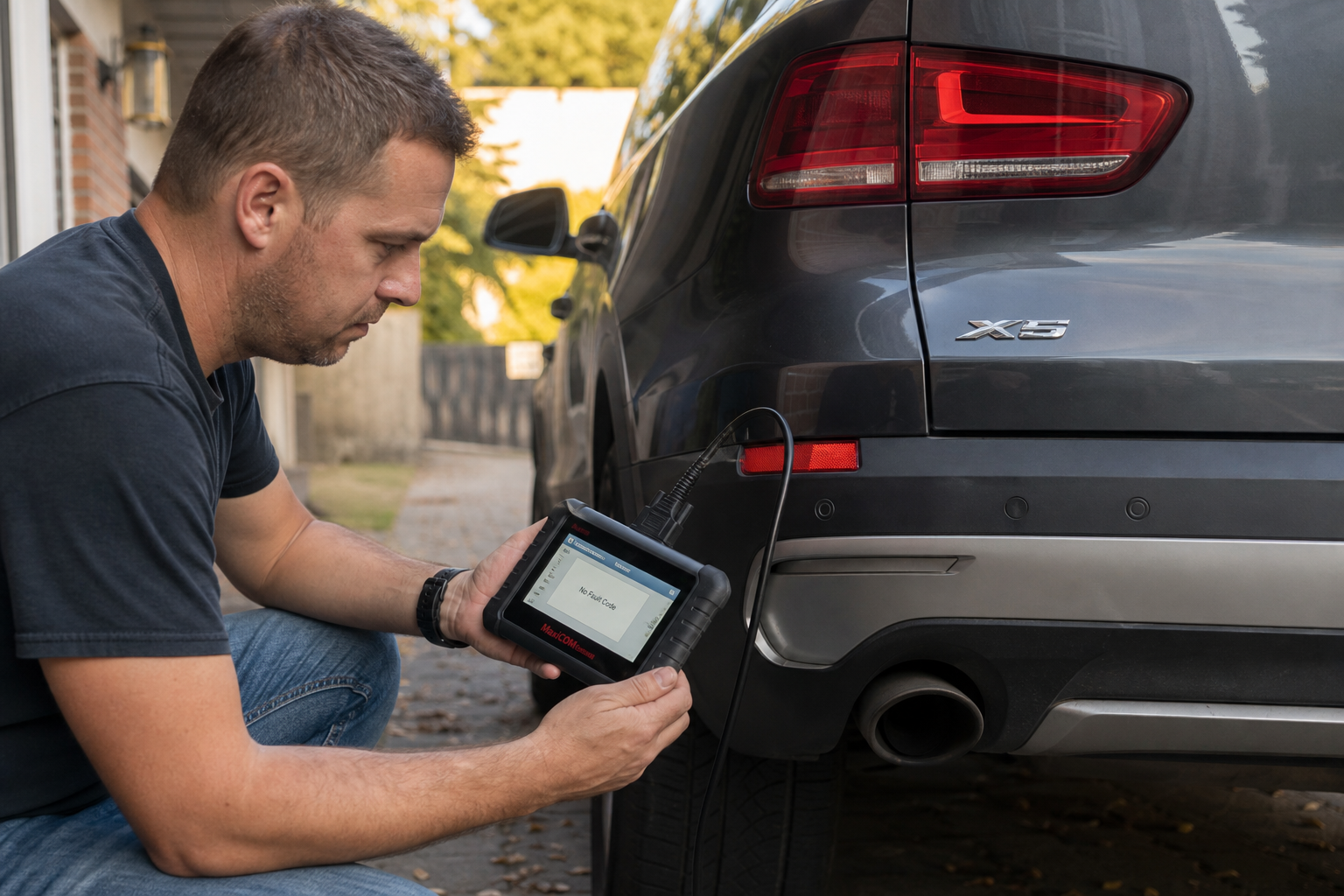 Person using a diagnostic scanner to test a faulty parking sensor