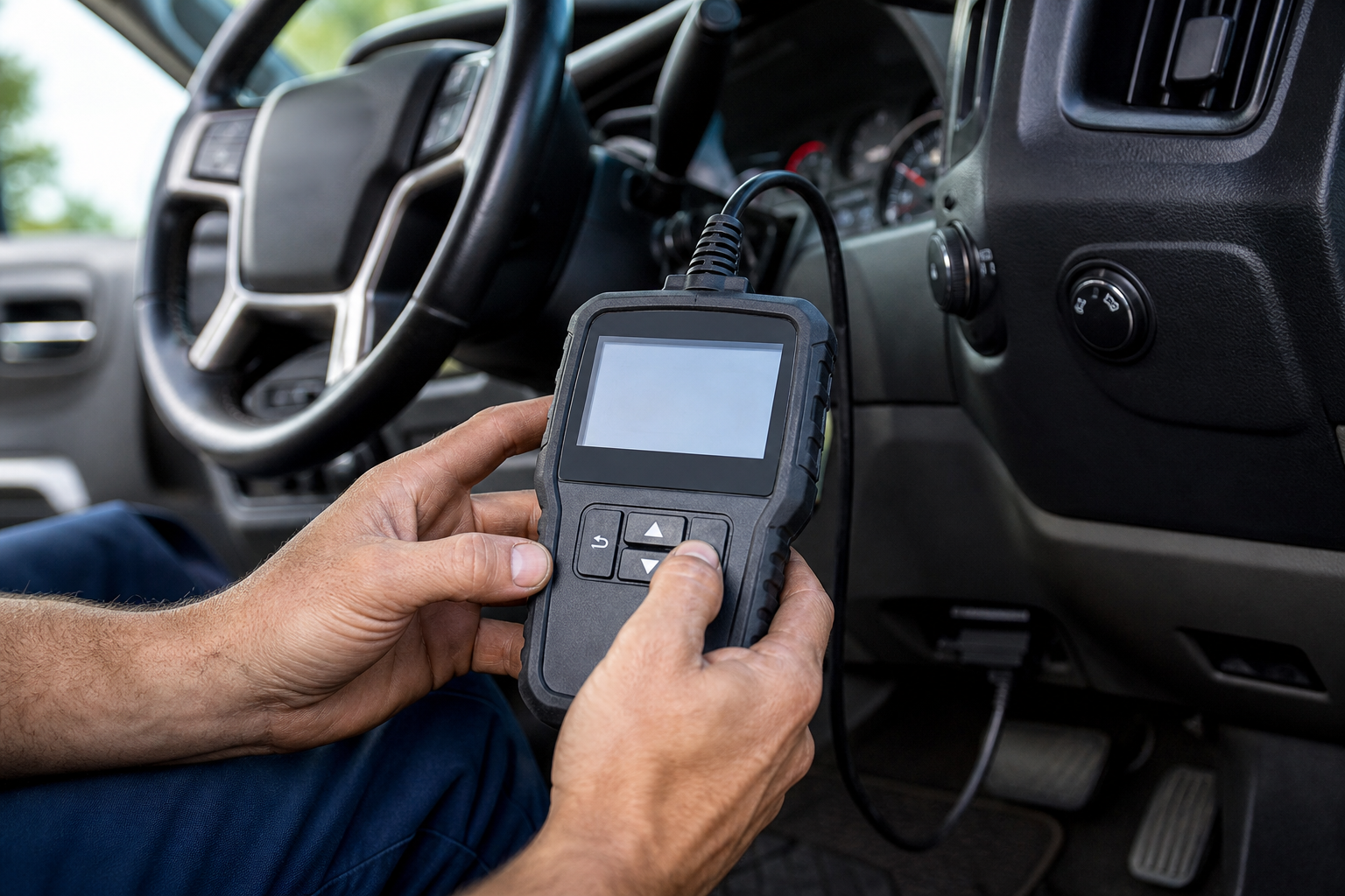Technician using diagnostic scanner to troubleshoot Chevy Tahoe parking sensors