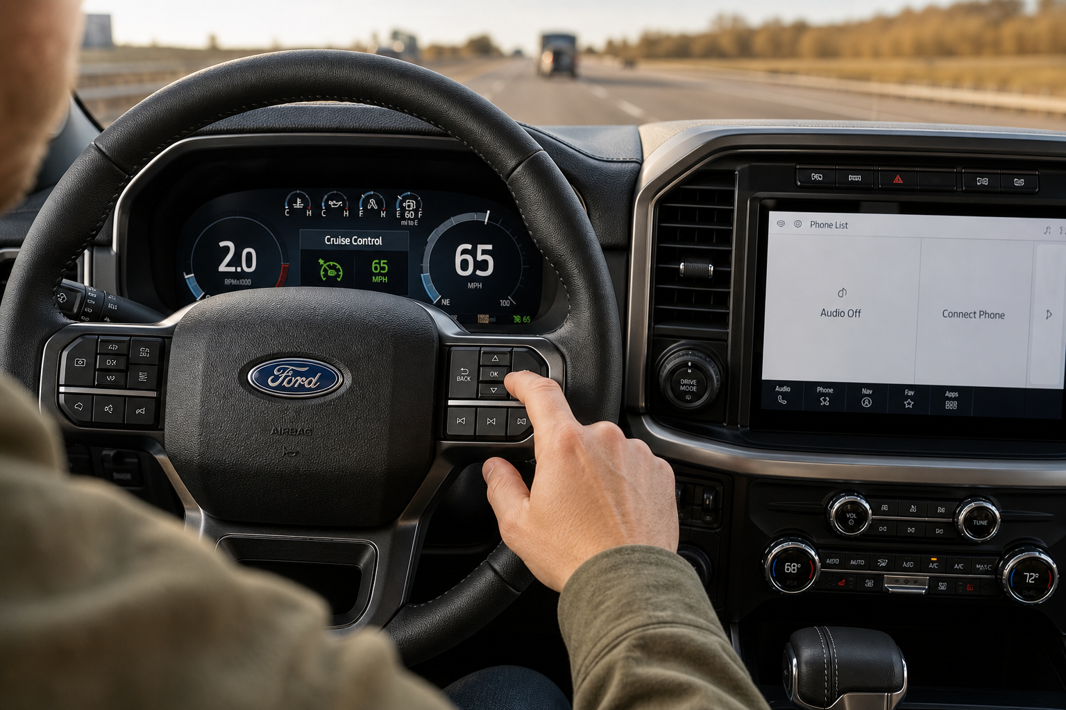 Driver adjusting steering wheel controls to switch cruise control mode in a Ford F-150