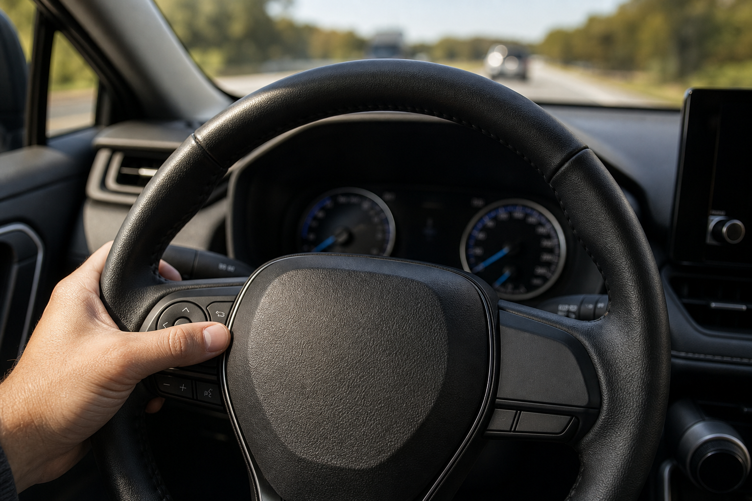 Hand pressing steering wheel button to disable lane assist in a Toyota RAV4