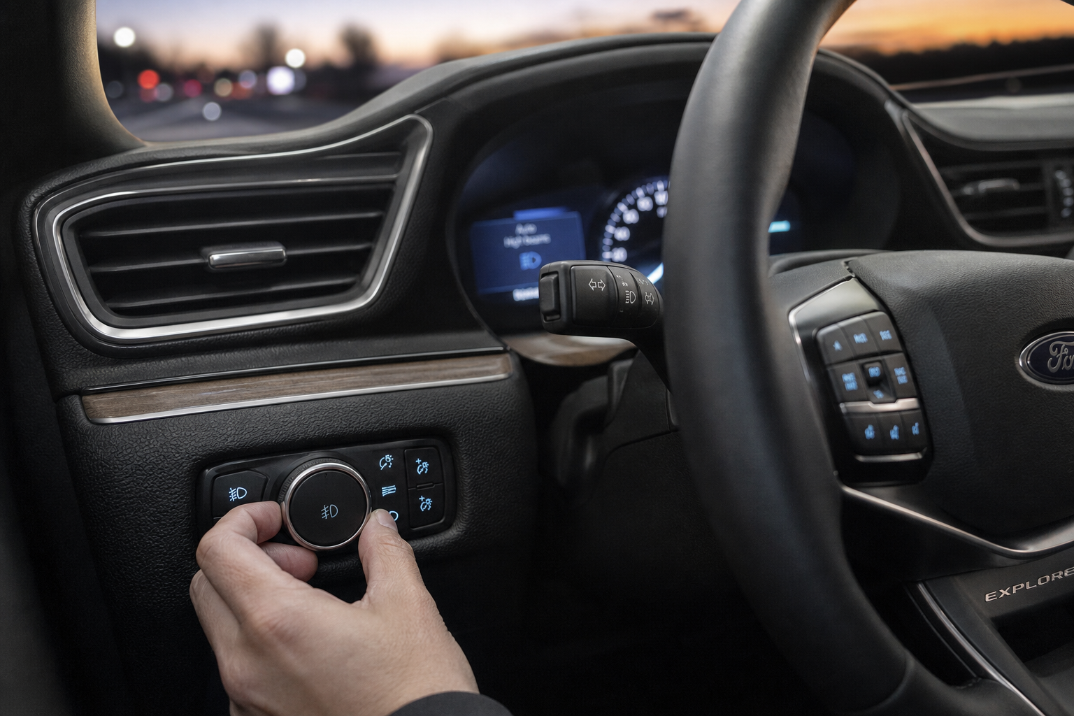 Driver adjusting the headlight control switch inside a Ford Explorer to turn off automatic high beams